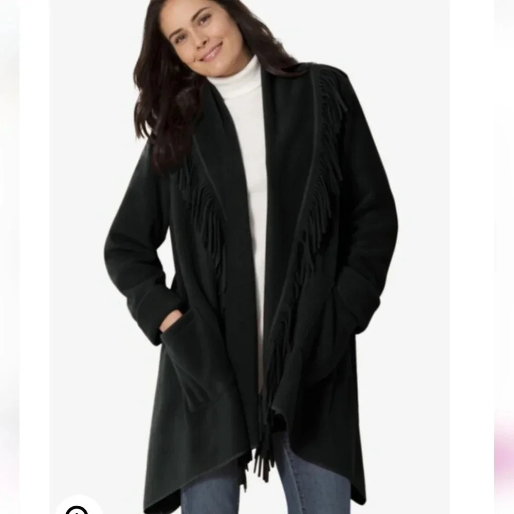 Woman within FleeceFringed Shawl Collar Fleece Jacket